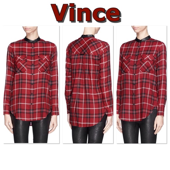 Vince red and black plaid button down tunic - Picture 1 of 8